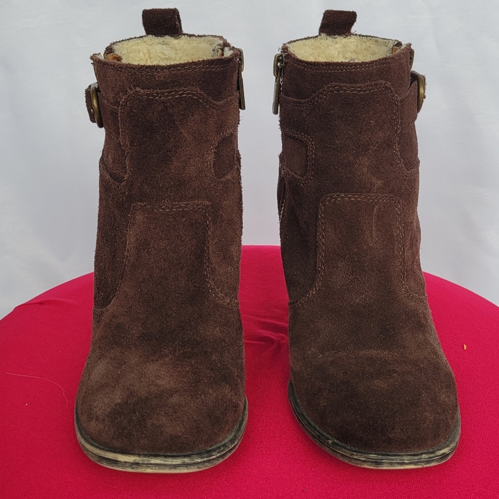 Lucky Brand Brown Suede Shearling Ankle Boots Size 7M Side Zip Block Heel